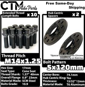 Hcs5120-74.1-12b Ctm 2x 12mm Thick 5x120 74.1 Cb Hubcentric Wheel Spacer Black 14x1.25 Bolt Bmw X5 X6