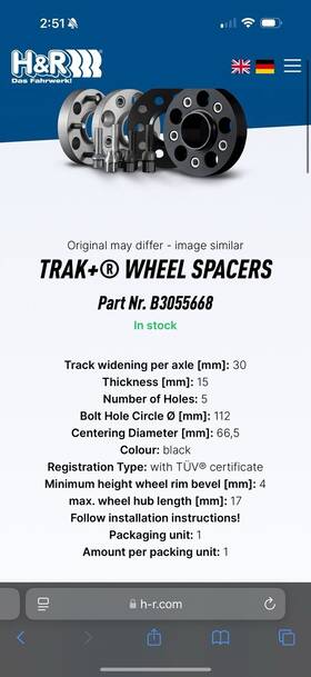 3055668 H&r Wheel Spacers B 2.5x45 Audi Vw Porsche 15mm Set Of 4