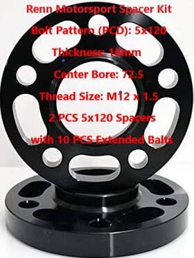 Rm18mm-m12 Renn Motorsport 18mm 2 Pcs 5x120 Wheel Spacers With 10 Extended Lug Bolts Rm18mm-m12 Renn Motorsport 18mm 2 Pcs 5x120 Wheel Spacers With 10 Extended Lug Bolts